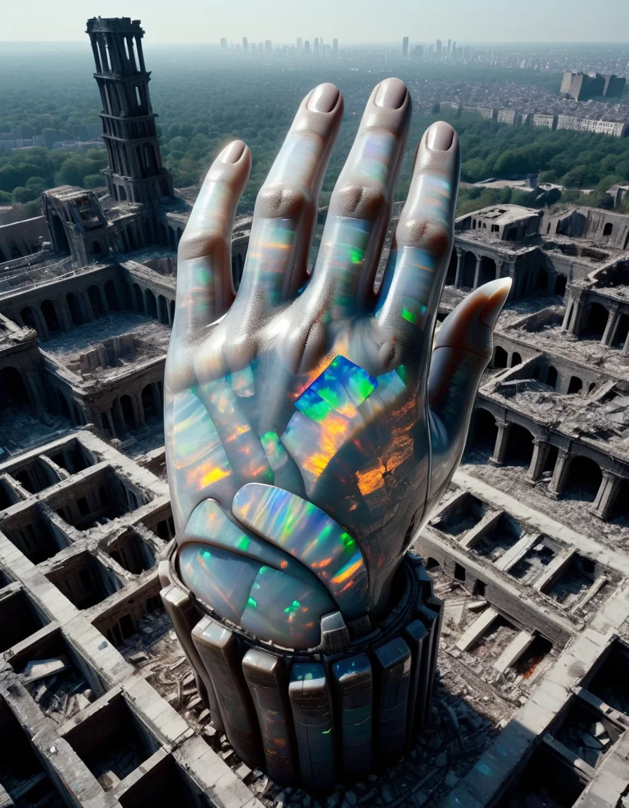 Shot from a bird's-eye view, a four-meter tall colossal onyx drdnght machine, marked with the iconography of the Iron Hands Chapter, marches stoically through the ruins of a shattered cityscape, the scene captured on black and white film, imbuing the image with a somber elegance befitting the sons of Ferrus Manus, made out of ral-opal <lora:ral-opal-sdxl:1>