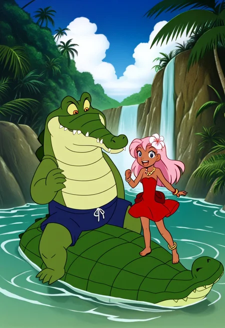Tick tock crocodile,male animal focus,tail, crocodile open large mouth ,green skin, blue eyes, Tick Tock the crocodile is giant and very huge size,teeth, swimming in water,partially submerged,Tick Tock the crocodile looking at a young girl who she is standing on rock cliff. Little_Girl_anime_manga,long hair,pink hair, dark-skinned female,the girl her very smal size, purple eyes, ancient tropical_clothe, chest_band,red very long_dress, jewelry, dark skin, smile, necklace,hair flower, bracelet, anklet, barefoot,open mouth,river,palm trees, jungle, Disney, waterfall,anime, manga
