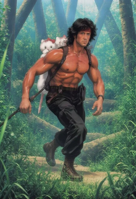 anime style, rambo, John Rambo, holds a Hello Kitty backpack, running in jungle,