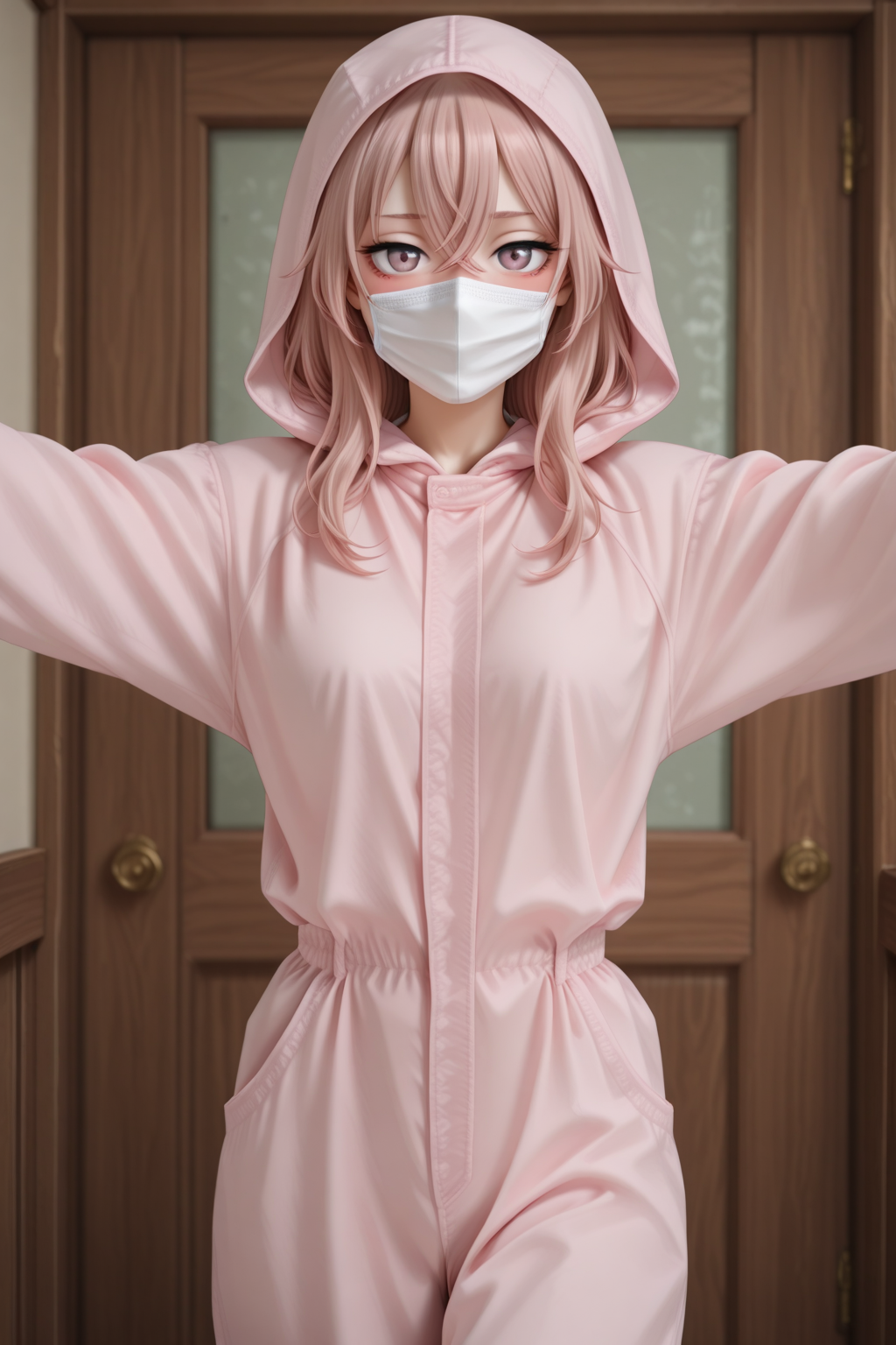 masterpiece, best quality, amazing quality, 1girl, solo, makeup, general, looking at viewer, blush, cowboy shot, smile, boutique, indoors, fancy, blush, lovely, spread arms, looking at viewer, <lora:sajuna-inui-s1-illustriousxl-lora-nochekaiser:1>, sajuna inui, inui sajuna, long hair, bangs, hair ornament, hair between eyes, pink hair, pink eyes, crossed bangs, mature female, small breasts, <lora:DustproofClothingTEST:1>, DPClothing, long sleeves, jumpsuit, hood up, (medical mask), <lora:wai-2Rectified-V140:1>, <lora:Illustrious_-_Refiner:1>