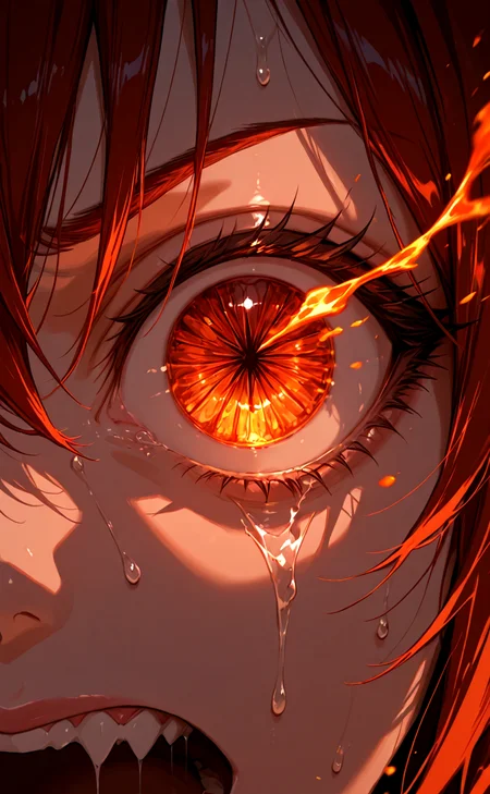 (masterpiece), (best quality), 8k, extreme close-up, terrified villager's eye, reflection of roaring flames, sweat dripping, trembling expression, hyper-detailed iris, flickering orange and red hues, smoke particles in the air, cinematic lighting, high contrast between light and shadow, emotional intensity, fear and despair visible, slight motion blur on flames, background blurred with hints of chaos, dramatic atmosphere, textural skin details, tear forming, (unsettling mood), (cinematic horror undertones)