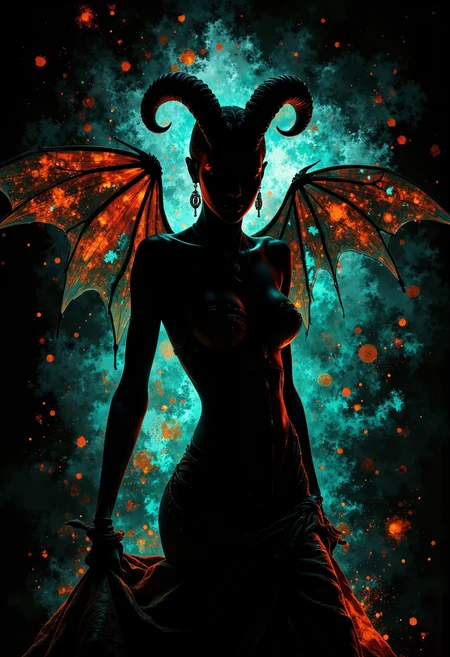 silhouette of a seductive figure of a demoness with horns. turquoise, orange scratches on a black background. Dispersion effect, backlight