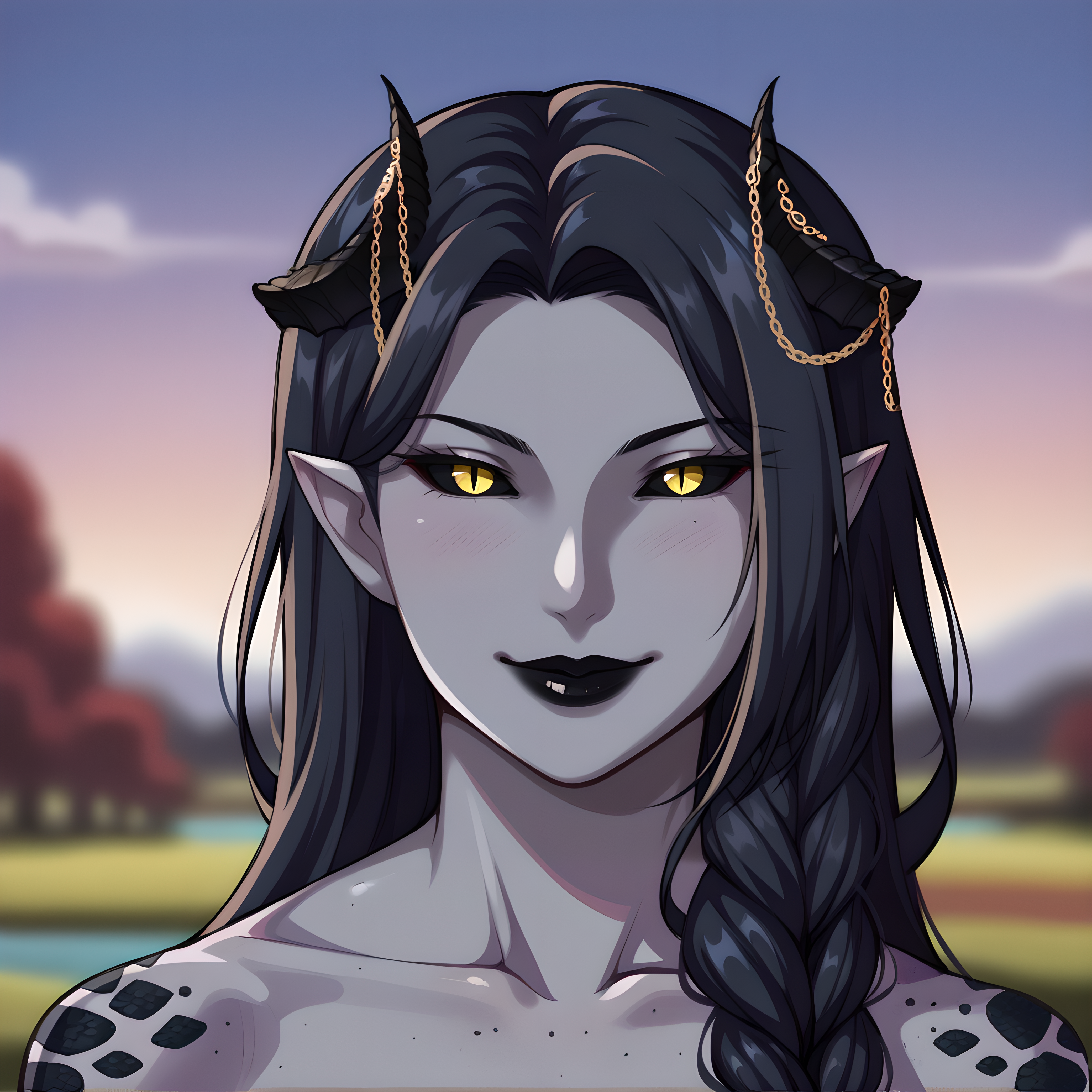 <lora:SiniSinilyra_OC:1> score_9, score_8_up, score_7_up, anime, anime art style, high definition, quality highlights, simple shadows, flat shadows, flat coloring, thick lines BREAK solo, face focus, au ra, 1girl, Sin, colored skin, grey skin, short horns, curved horns, pointy ears, long hair, black hair, one braid, parted bangs, yellow eyes, slit eyes, black sclera, mole under eye, freckles, body freckles, lips, closed mouth, smirk BREAK horn ornament, jewelry, horn jewelry, chains on horns, black lipstick BREAK looking at viewer, portrait, close-up, blurry background