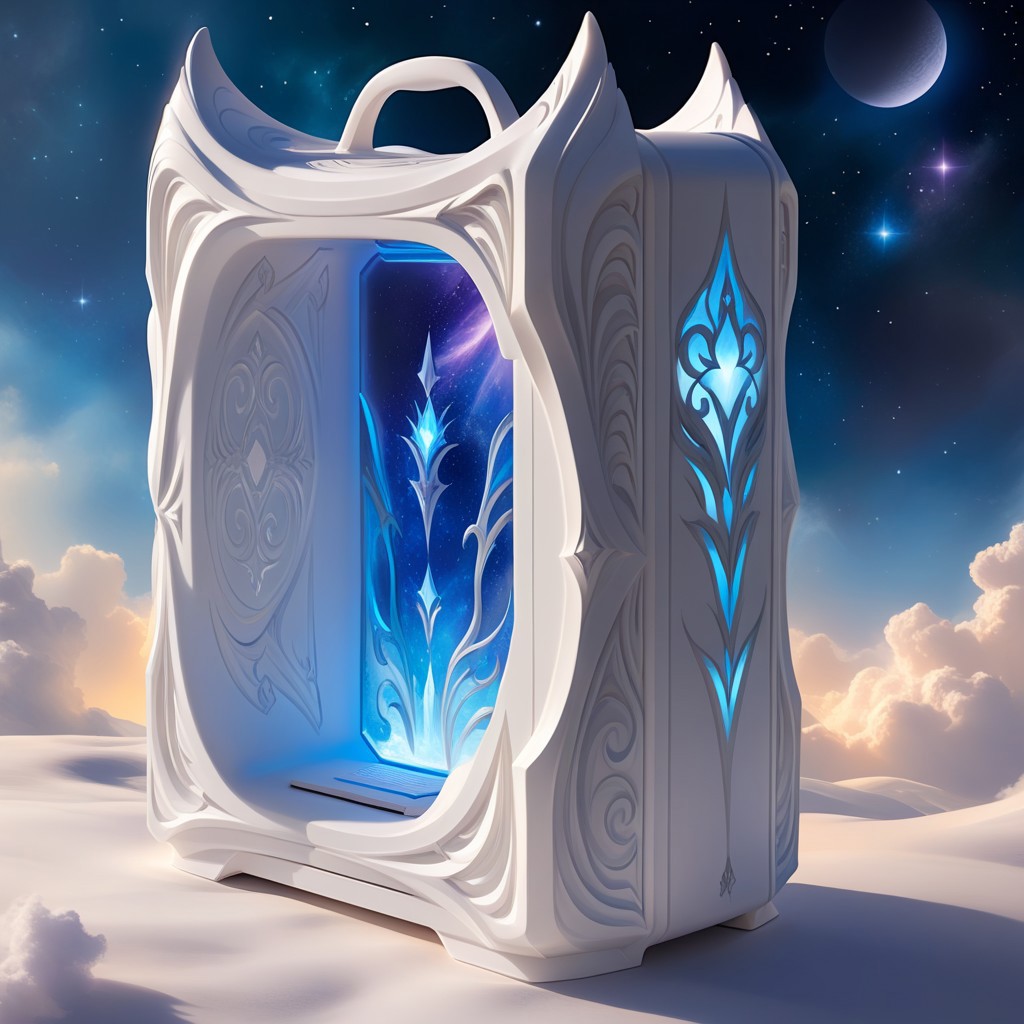 ethereal fantasy concept art of  
computer case, made of white Resin, WhiteMold, 3d mold
. magnificent, celestial, ethereal, painterly, epic, majestic, magical, fantasy art, cover art, dreamy