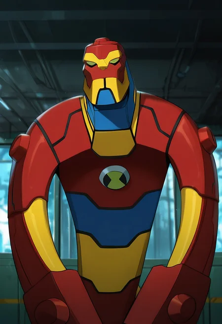 masterpiece, best quality, amazing quality, very aesthetic, absurdres, newest,, detailed background,
movie scene, cinematic scene, cinematic,
bloxx, robot, mecha, solo, armor, green eyes,, massive arms, upper body, , big head, massive head, red head, yellow chin, yellow eyebrows, blue neck,
Elongated, long arms, fighting,, dynamic pose,