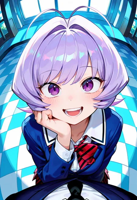 masterpiece, best quality, amazing quality, very aesthetic, absurdres,  newest, scenery, volumetric lighting, 
1boy, osana najimi \(komi-san wa komyushou desu\), purple eyes, teeth, open mouth, smile, hand on own cheek, upper body, school uniform backlighting,
from above, dutch angle, close-up, dutch angle, from above, checkered floor, fisheye, masterpiece, best quality, amazing quality, very aesthetic, absurdres,  newest, scenery, volumetric lighting