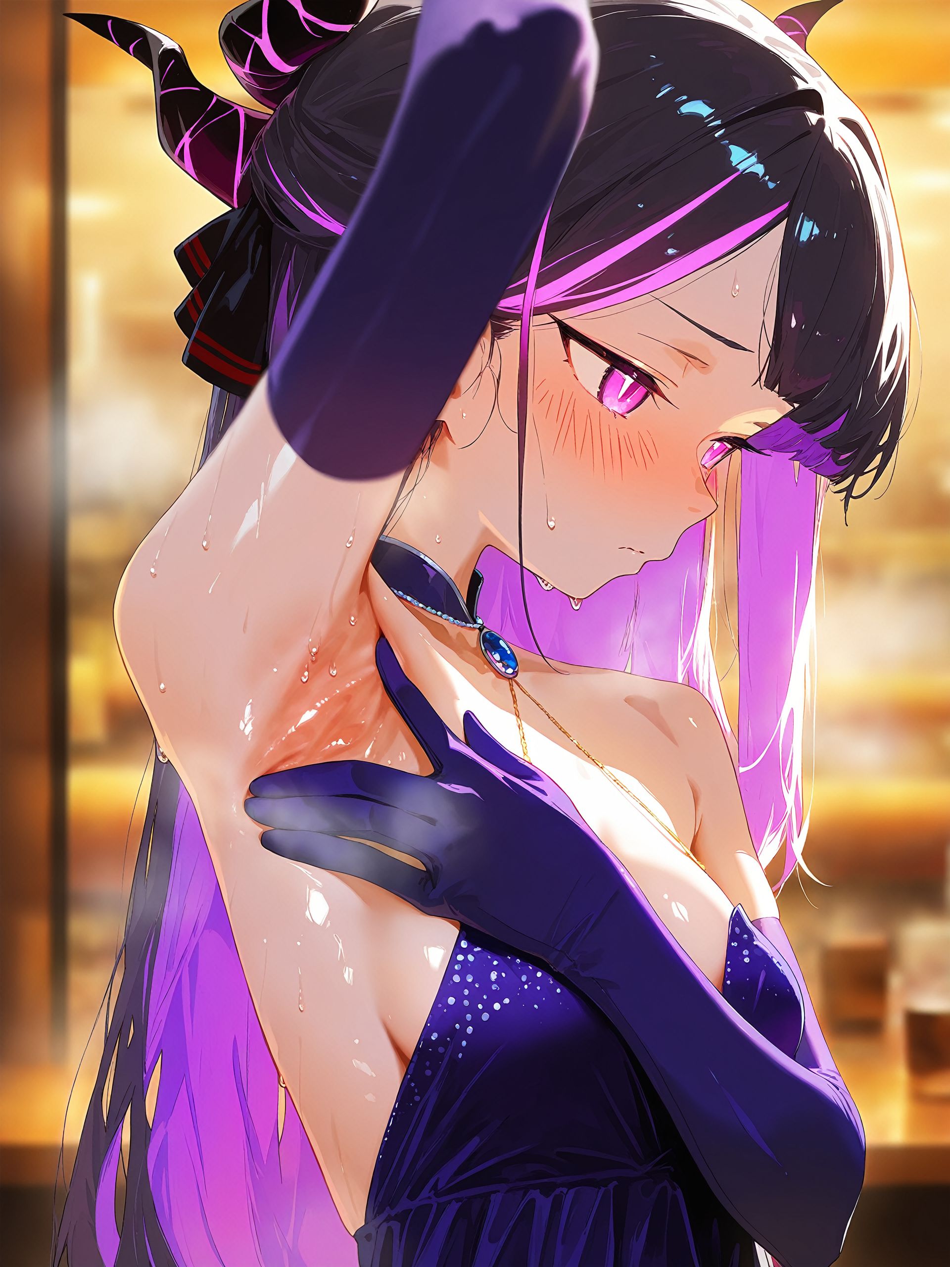 <lora:nai_ILL:0.8>,
<lora:Glowing_Spot_Color_-_Illustrious:0.6>, glowing eyes, streaked hair, glowing inner hair, glowing streaks,
masterpiece,best quality,nsfw,(close-up,from side),1girl,hina_(dress)_(blue_archive) ,purple eyes, purple hair,medium breasts,(camui1104:0.4),(dino_(dinoartforame):0.71),(sy4:0.86),(cogecha:0.74),void 0,(ask \(askzy\):0.63),(dingding_(chongsangjun):0.58),(eufoniuz:0.366),year 2024,(arm up,spread armpit),wet armpit,sweating,(shy,blush),looking away,purple elbow gloves,purple dress,(bare shoulders),steam,hair ribbon, jewelry, horns,restaurant,at night,blurry,depth of field,
photo background,photo scenery,masterpiece,best quality,anime screencap,