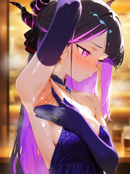 <lora:nai_ILL:0.8>,
<lora:Glowing_Spot_Color_-_Illustrious:0.6>, glowing eyes, streaked hair, glowing inner hair, glowing streaks,
masterpiece,best quality,nsfw,(close-up,from side),1girl,hina_(dress)_(blue_archive) ,purple eyes, purple hair,medium breasts,(camui1104:0.4),(dino_(dinoartforame):0.71),(sy4:0.86),(cogecha:0.74),void 0,(ask \(askzy\):0.63),(dingding_(chongsangjun):0.58),(eufoniuz:0.366),year 2024,(arm up,spread armpit),wet armpit,sweating,(shy,blush),looking away,purple elbow gloves,purple dress,(bare shoulders),steam,hair ribbon, jewelry, horns,restaurant,at night,blurry,depth of field,
photo background,photo scenery,masterpiece,best quality,anime screencap,