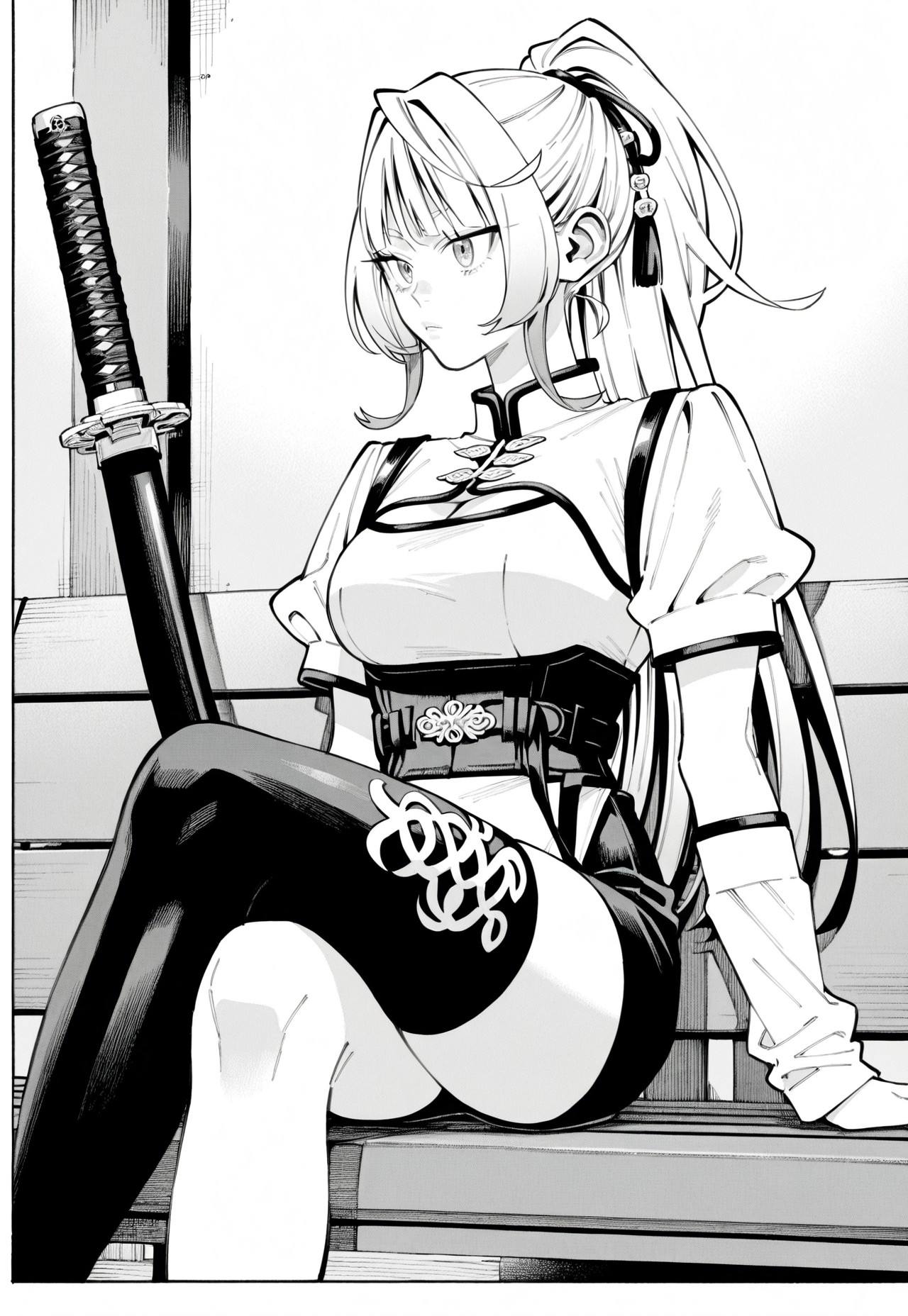 nei takarai, long hair, hair ribbons, ponytail, sharp eyes, large breasts, slim waist, manga, monochrome, white high-collar short-sleeve mini-dress with black trim, corset-style waist belt with fasteners, black thigh-high stocking on left leg only with snake emblem, bare right leg, detached white sleeves on forearms with black trim and ornaments on ends, twin sheathed katanas on left side of waist, 2 katanas, 2 sheathes, sitting alone on a bench with legs crossed, looking off into the distance with a calm expression