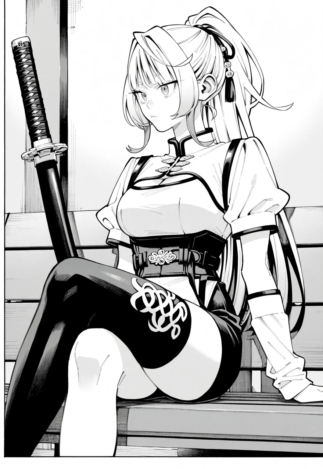 nei takarai, long hair, hair ribbons, ponytail, sharp eyes, large breasts, slim waist, manga, monochrome, white high-collar short-sleeve mini-dress with black trim, corset-style waist belt with fasteners, black thigh-high stocking on left leg only with snake emblem, bare right leg, detached white sleeves on forearms with black trim and ornaments on ends, twin sheathed katanas on left side of waist, 2 katanas, 2 sheathes, sitting alone on a bench with legs crossed, looking off into the distance with a calm expression