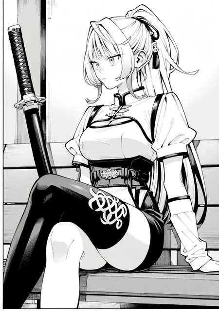 nei takarai, long hair, hair ribbons, ponytail, sharp eyes, large breasts, slim waist, manga, monochrome, white high-collar short-sleeve mini-dress with black trim, corset-style waist belt with fasteners, black thigh-high stocking on left leg only with snake emblem, bare right leg, detached white sleeves on forearms with black trim and ornaments on ends, twin sheathed katanas on left side of waist, 2 katanas, 2 sheathes, sitting alone on a bench with legs crossed, looking off into the distance with a calm expression