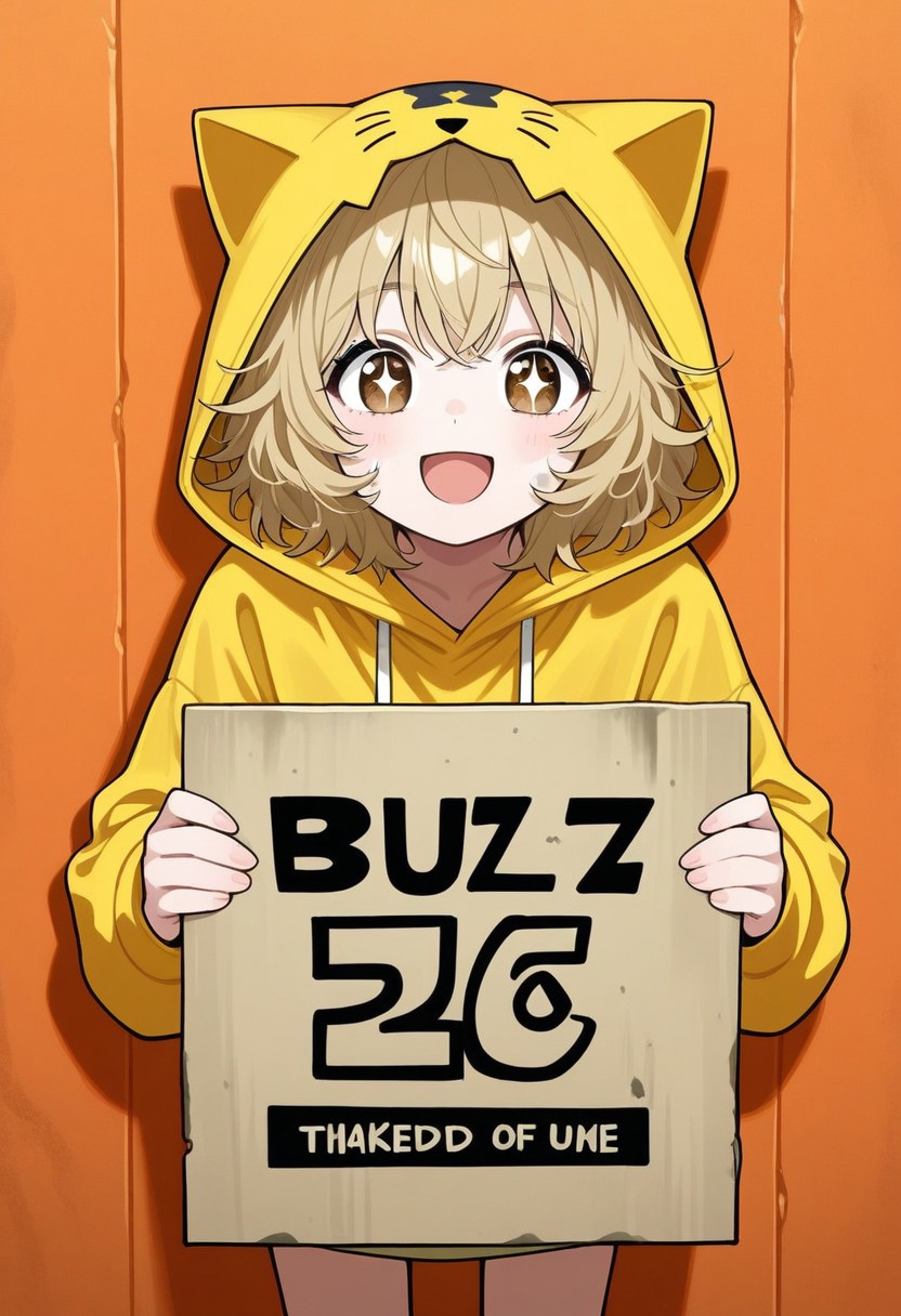1girl, cute, yellow cat hoodie, hood on head, cat ears, dirty blonde hair, short messy hair, brown eyes, stars in eyes, looking at viewer, head to the side, standing, leaning forward, smiling, open mouth, holding sign, holding sign that says "buzz", sign that says "buzz", "buzz", detailed background, against the wall, orange wall, wall tapestry