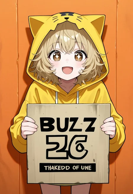 1girl, cute, yellow cat hoodie, hood on head, cat ears, dirty blonde hair, short messy hair, brown eyes, stars in eyes, looking at viewer, head to the side, standing, leaning forward, smiling, open mouth, holding sign, holding sign that says "buzz", sign that says "buzz", "buzz", detailed background, against the wall, orange wall, wall tapestry