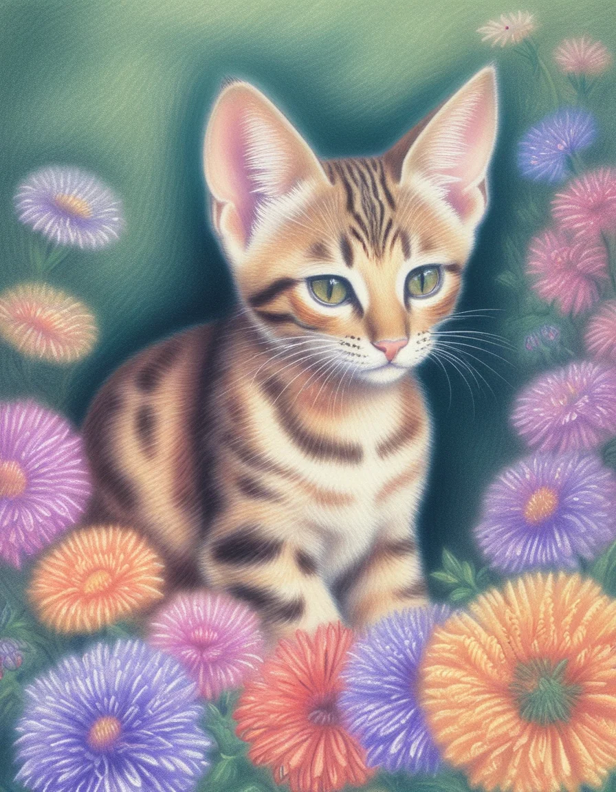 ocicat kitten with asters flowers <lora:novuschroma10 style:1.35> novuschroma10 style colored pencil illustration <lora:sdxl_lightning_8step_lora:1>