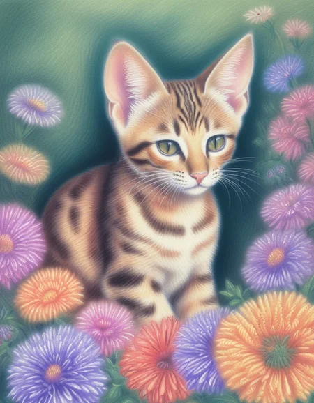 ocicat kitten with asters flowers <lora:novuschroma10 style:1.35> novuschroma10 style colored pencil illustration <lora:sdxl_lightning_8step_lora:1>