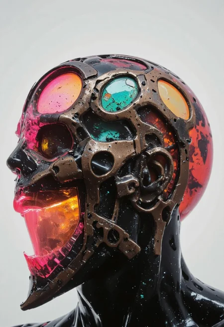An extreme macro close-up of a translucent robotic head resembling a serpent, its hollow, glass-like surface revealing the decayed remnants of its inner mechanisms. The lifelike scales, once vibrant, now shift with eerie, fading neon tones of pink, red, yellow, and green, bleeding into one another like the last embers of a dying machine. Subsurface scattering (SSS) effects illuminate fractured wiring beneath the surface, glowing faintly with irregular pulses, as if struggling to cling to life.
The lighting is dim and cold, with harsh backlight casting long shadows through the translucent material, emphasizing the cracks and imperfections in its once-flawless design. The shallow depth of field blurs the desolate backdrop, littered with rusted metal fragments and faintly glowing debris, adding to the sense of abandonment.
The robotic head is crowned with a weathered metal hood, its surface pitted and scarred as if corroded by years of acid rain. A central circular aperture, cracked and flickering with an unstable turquoise light, dominates the frame. Etched into the hood are intricate filigree patterns, their coppery glow dim and irregular, like the fading heartbeat of an ancient, forgotten machine. These shifting patterns pulse faintly, evoking an organic-mechanical aesthetic—a haunting relic of a future consumed by entropy. in the style of ck-ncr,