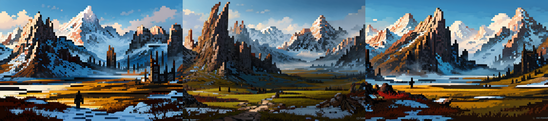 (otherworldly), highly insanely detailed, masterpiece, top quality, best quality, highres, 4k, 8k, RAW photo, epic medieval fantasy, 1boy, bird, fanmou, landscape, mountain, nature, outdoors, ruins, sky, solo, tree, winter, <lora:Fantasy_Mountains:0.7>, epiCPhoto, (fantasy world)