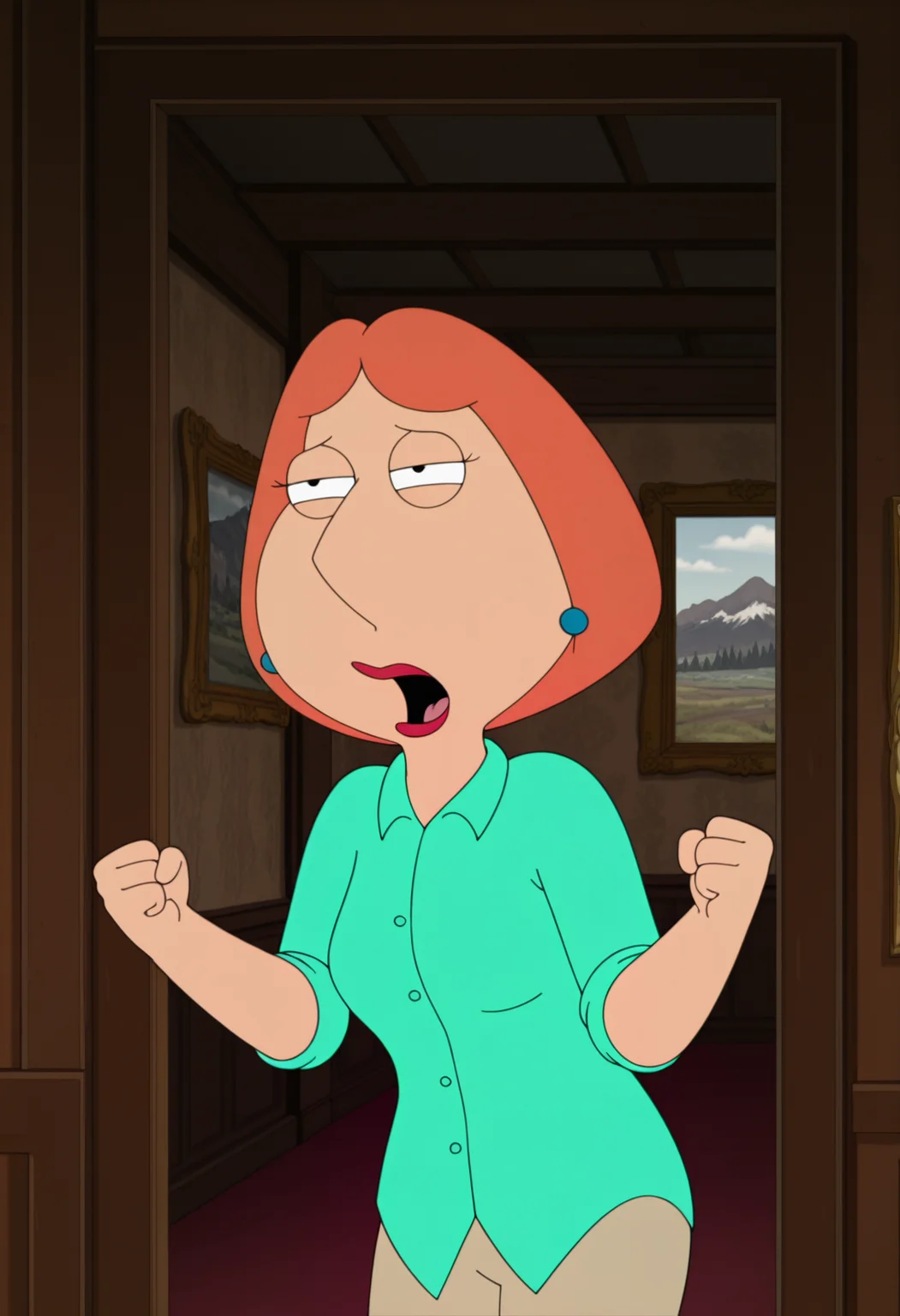 masterpiece, best quality, amazing quality, lo1sgf, 1girl, orange hair, blue earrings, aqua shirt, beige pants, seductive, aroused, half-closed eyes, open mouth, clenched hands, upper body, indoors, cinematic shot,
