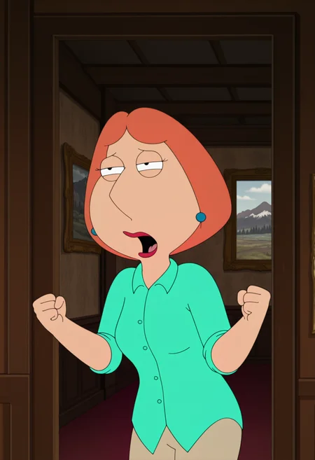 masterpiece, best quality, amazing quality, lo1sgf, 1girl, orange hair, blue earrings, aqua shirt, beige pants, seductive, aroused, half-closed eyes, open mouth, clenched hands, upper body, indoors, cinematic shot,
