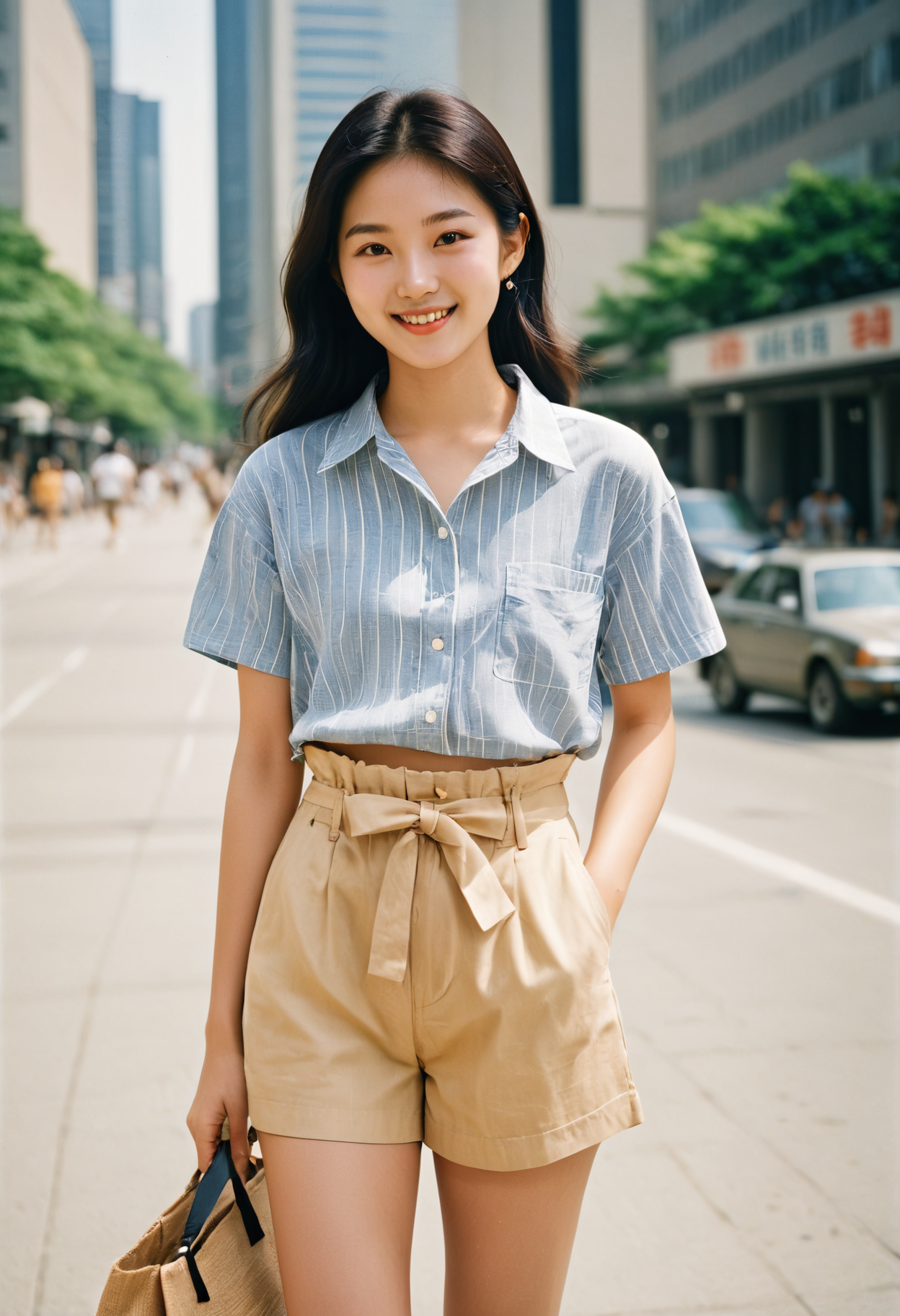 a beautiful young Korean woman, 20 years old, highly detailed face, black hair, ideal face, cute smile, realistic detailed skin, shirt, paperbag shorts, city background, RAW candid cinema, 16mm, color graded portra 400 film, remarkable color, ultra realistic, highest quality, masterpiece photography, <lora:BT_Paperbag_Shorts_XL:0.7>