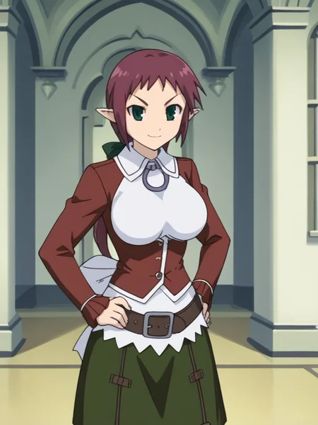 1girl, solo, sardiakamoshirenai, purple hair, ponytail, green eyes, pointy ears, large breasts, white shirt, collared shirt, hair bow, pendant, red jacket, partially open jacket, long sleeves, belt, green skirt, long skirt, back bow, indoors, mansion, standing, cowboy shot, smug, smile, serious, hands on hips