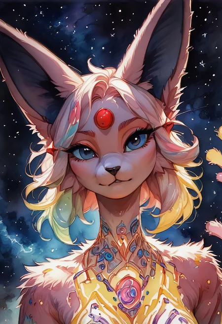 (((EspeonGirl))), female, anthro, body fur, detailed fur,
(score_9, score_8_up, score_7_up), watercolor \(medium\), traditional media, pureerosface_v1, g0thicPXL, glowing, neon, WarcraftStyle, masterpiece, best quality, highly detailed, intricate details, extremely detailed, smooth lines, masterpiece, no text, quality highlights, 8k detail, detailed background, waist-up portrait, (((pastel colors, high contrast,expressiveh,)))
...
1woman, (((EspeonGirl), ((short fluffy fur)), multicolored fur,)))), adult, mature, (((face focus))), (sexy pose), (perky breasts, slender figure),
...
(Space background, starry sky, detailed background, artistic and intricate background)