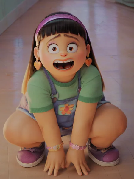 <lora:Abby_Park:0.9> a_p, 1girl, plump, long black hair, fringe hair, brown eyes, hairband, heart earrings, looking at viewer, squatting, front view, spreading legs, scared, score_9, score_8_up, score_7_up,