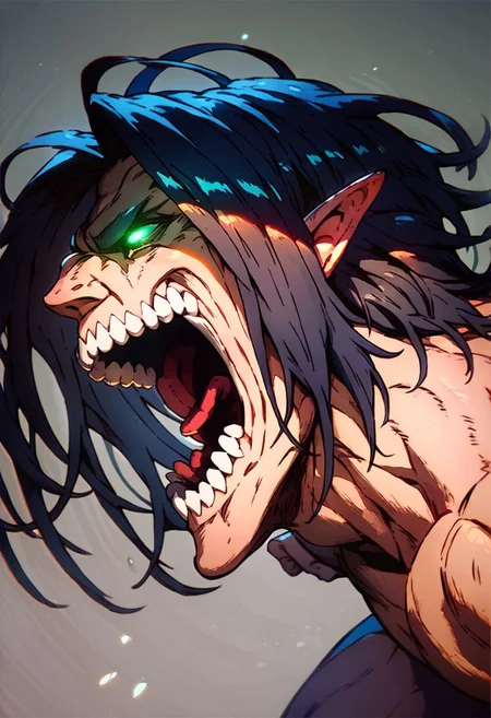 (score_9, score_8_up, score_7_up:1.4)source_anime,(rating_questionable),( Xerenx :1.0),( standing peeking over a very high wall:1.0), green ligthings eyes,screaming,( full body :0.5)