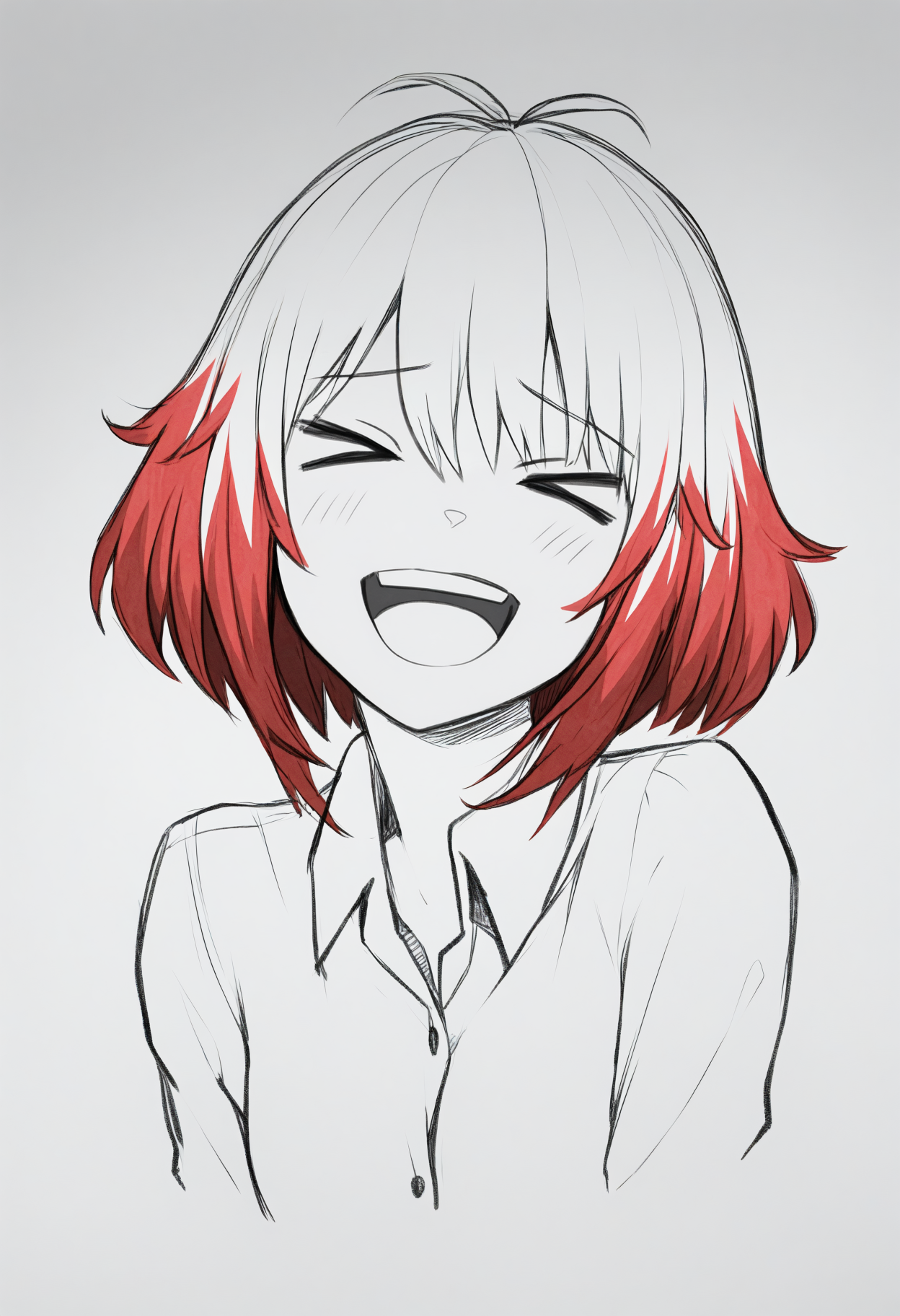 masterpiece, best quality, 1girl, solo, P4scal, multicolored hair, white hair, red hair, short hair, spot color, laughing, > <, closed eyes, open mouth, upper teeth only, :d, simple background, cropped torso, head tilt, looking at viewer, greyscale, monochrome, lineart, sketch, graphite \(medium\), traditional media, portrait, dress shirt, <lora:ChamPascalTalesNoob:1>