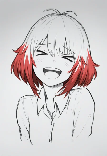 masterpiece, best quality, 1girl, solo, P4scal, multicolored hair, white hair, red hair, short hair, spot color, laughing, > <, closed eyes, open mouth, upper teeth only, :d, simple background, cropped torso, head tilt, looking at viewer, greyscale, monochrome, lineart, sketch, graphite \(medium\), traditional media, portrait, dress shirt, <lora:ChamPascalTalesNoob:1>