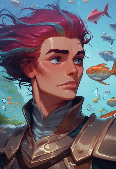 score_9, score_8_up, score_8, score_7_up, score_7, score_6_up, score_6, score_5_up, Score_5, fish, koi fish, fish monster:1.3), (realistic fish, fish), bulging eyes, fish eyes, fish mouth, fins, Atlantean armor, vox machine style, 1boy, male focus, solo, portrait, underwater background, under water shimmering light, fantasy, (dynamic lighting:1.1)
((masterpiece))