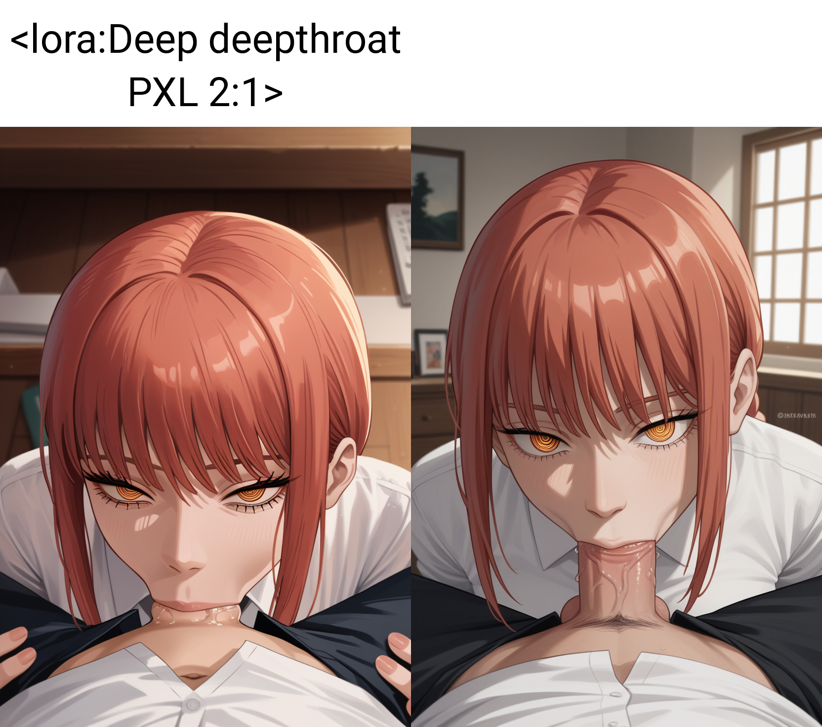 score_9, score_7_up, 1boy, deep throat, 1girl, makima \(chainsaw man\), pov, indoors,  <lora:Deep deepthroat PXL 2:1>