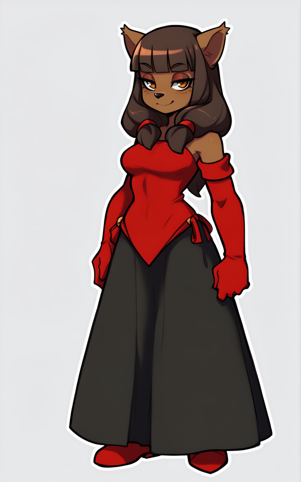 best quality, absurdres,full body, <lora:BolivanteStyleITS:0.8>,  <lora:MWITS:0.8>, MWITS, gloves, elbow gloves, long skirt, skirt, black skirt, red dress, dress, bare shoulders, animal ears, brown hair, furry, dark skin, furry female, cat ears, brown eyes, red gloves, amber eyes, long hair, animal nose, bangs, blunt bangs, twintails, cat tail,white background, standing, slim