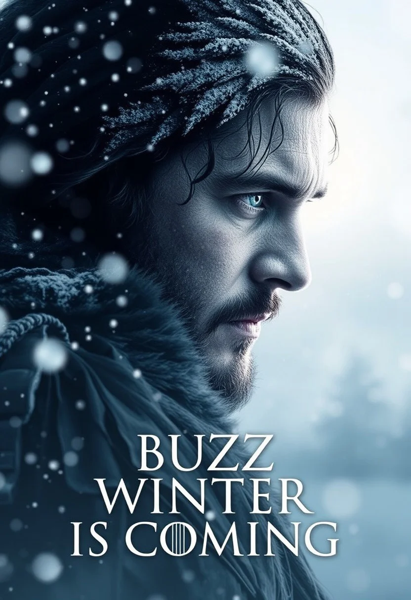 Movie poster, (Jon Snow) from GOT, ASOIAF, title: "Buzz winter is coming"