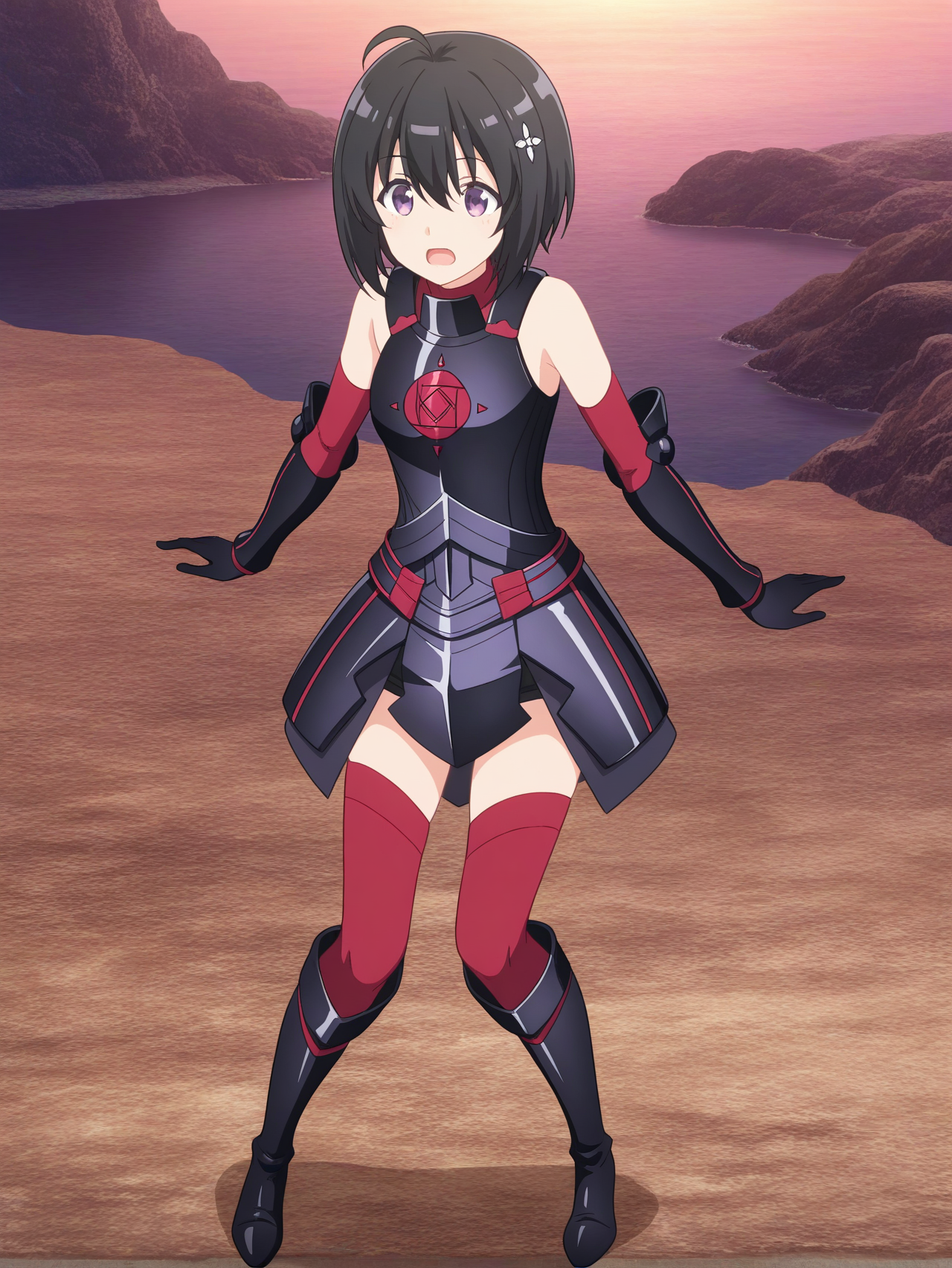 (black armor black gauntlets red sleeves red thighhighs black knee boots:1.50), 
bof-maple, purple eyes, short hair, ahoge, hair between eyes, hair ornament,
medium breasts, 1girl, 
(masterpiece, highres, ultra-detailed,very aesthetic, best quality, absurdres, high quality, highres), 
excited,
full body,
(feet:1.40), 
BREAK,
outdoors lake,
,
(solo:0:4::0.40), (skinny:0.8),
(),
black hair
<lora:bof-maple-V01-illXL-000003:1.00>