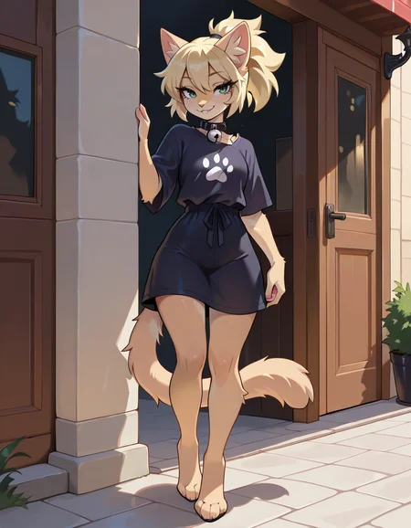 masterpiece, best quality, very aesthetic, absurdres,
outdoors, casual, 
standing, posing, 
full body, seductive smile, parted lips, long eyelashes,
<lora:Paige_v02_ILXL:1>,
Page,1girl,solo,furry female,cat girl,blonde hair,ponytail,cat ears,animal ear fluff,green eyes,animal nose,collar,neck bell,body fur,cat tail,