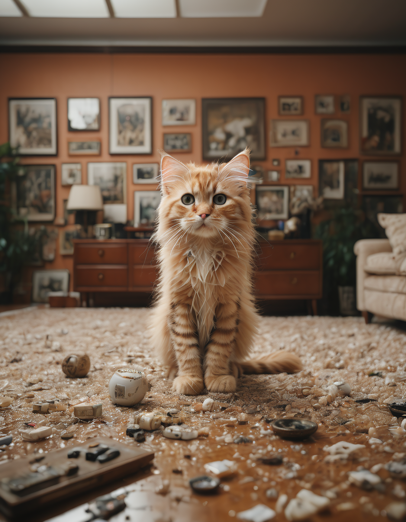 cinematic photo a kitten creating a mess in a modern living room, 35mm photograph, film, bokeh, professional, highly detailed, 4k, uhd, masterpiece