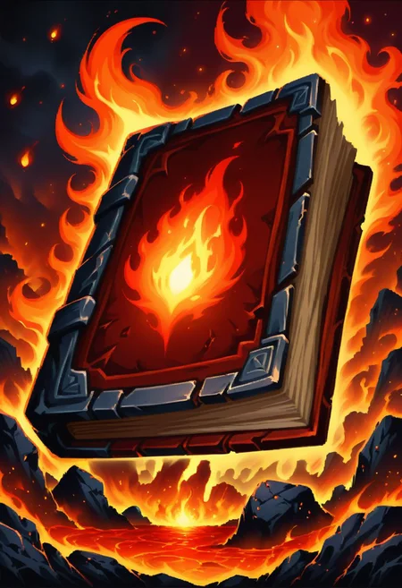 ((masterpiece, best quality)), high resolution, highly detailed, 32k picture,
zzmagicbook, 
red book, glowing, fire symbol, magma, lava, black rock,