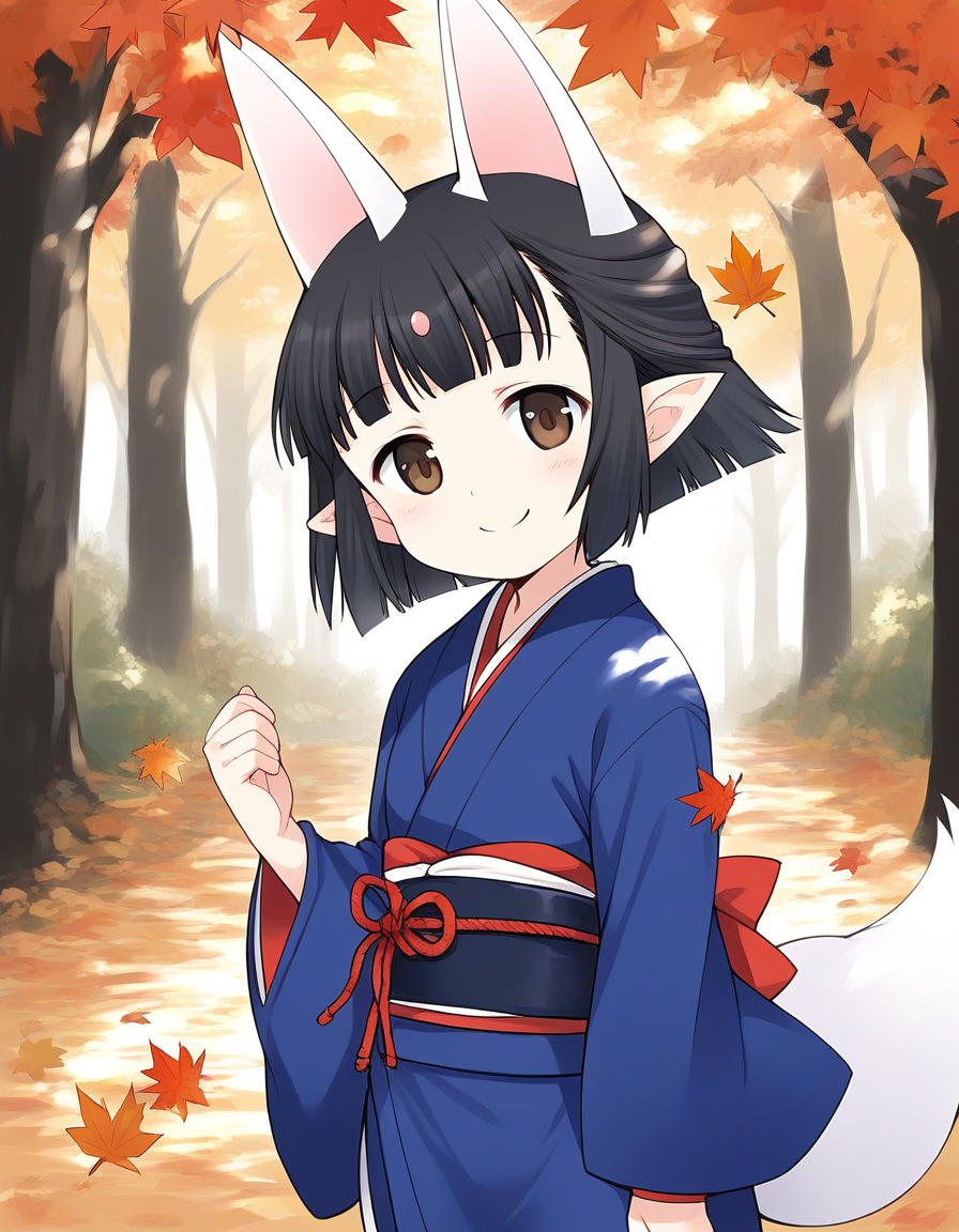 score_9, score_8_up, score_7_up, source_anime, rating_explicit, BREAK  <lora:Hasaha_Ver2.0_XL:1> Hasaha, animal ears, black hair, brown eyes, pointy ears, short hair, white tail, short stack,
japanese clothes, blue kimono,   sash, obi,  
fallen leaves, autumn, day,
smile, aura,
looking at viewer, 
cowboy_Shot,