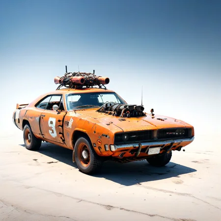 <lora:evidecrepPunk:1> evi@decrepPunk ,car flying above city, from above, Robotic orange car made of rusted old metal and gears and leaking decaying batteries in a post-apocalyptic weathered decaying world, white middle stripe, muscle car, mustang, dolorean, 1969 dodge charger with white stripe, humoristicsetting, highly detailed, sharp focus, photograph, 8k resolution, cinematic lighting, , night, dark exhaust smoke, black oil dripping