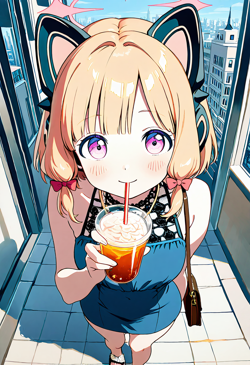 masterpiece, best quality, solo, curvy, beautiful eyes, narrow waist, wide hips, 1girl, solo, smile, looking at viewer, dynamic angle, foreshortening, close up,     zzMomoi, blonde hair, animal ears, fake animal ears, animal ear headphones, headphones, short hair, bow, halo, cat ear headphones, hair bow, red bow, pink eyes, pink halo,  ,<lora:MomoiBlueArchiveIXL:0.7>,[Cultural City Tour], comfortable but stylish maxi dress with boho patterns, leather crossbody bag with fringe details, comfortable flat sandals, chunky statement necklace, large sunglasses, city streets with historic landmarks in the background, sipping a local drink while exploring art galleries and cafes,