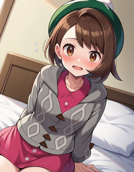 score_9, score_8_up, score_7_up, source_anime,
pokemongloria, <lora:pokemon-gloria-ponyxl-lora-nochekaiser:1>
pokemongloria, brown eyes, brown hair, medium hair,
cardigan, dress, green headwear, grey cardigan, hood, hood down, hooded cardigan, long sleeves, pink dress, short dress,
indoors, bed, bed room, on side, blush, drunk,
looking at viewer, cowboy shot, dutch angle,