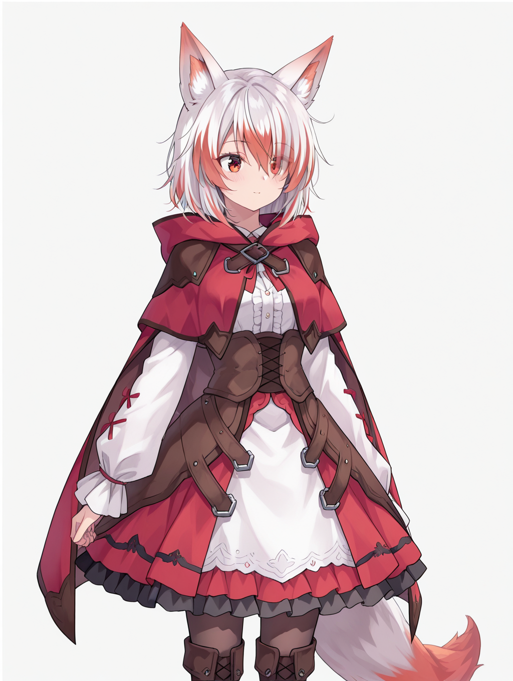 1girl,syusetu_kohaku,fox ears, fox tail, cowboy shot, 
hood,white_shrt,long_sleeves,hooded_capelet,corset,dress,black_pantyhose,frilled_skirt,lace-up_boots,brown_footwear
 <lora:syusetu_kohaku-ill2.0-t0:1>, (masterpiece), (best quality), (ultra-detailed), very aesthetic, illustration, disheveled hair, perfect composition, moist skin, intricate details, anime artwork, anime style, vibrant, studio anime, highly detailed
