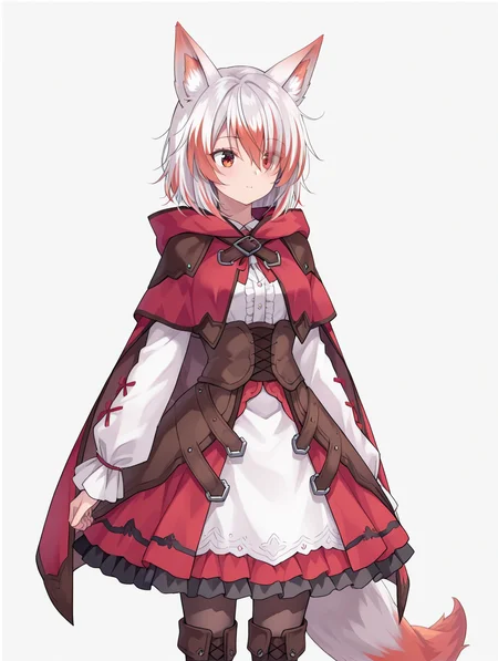 1girl,syusetu_kohaku,fox ears, fox tail, cowboy shot,
hood,white_shrt,long_sleeves,hooded_capelet,corset,dress,black_pantyhose,frilled_skirt,lace-up_boots,brown_footwear
<lora:syusetu_kohaku-ill2.0-t0:1>, (masterpiece), (best quality), (ultra-detailed), very aesthetic, illustration, disheveled hair, perfect composition, moist skin, intricate details, anime artwork, anime style, vibrant, studio anime, highly detailed