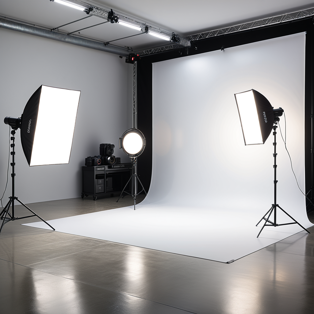 A professional photography studio with a clean and modern design. The space is open and spacious, with smooth white walls and a polished concrete floor. A large white backdrop extends across one wall, seamlessly curving into the floor to create an infinity effect. In front of the backdrop, a professional photography setup includes several pieces of equipment: a tripod-mounted DSLR camera positioned at the center, two large softbox lights on either side emitting a diffused, even glow, and a ring light mounted near the camera for additional lighting. A reflector disk and a light stand with a boom arm are placed nearby, adding to the setup.The atmosphere is organized and professional, with an emphasis on functionality and creativity. The lighting is bright and even, designed to create perfect conditions for capturing high-quality images.
<lora:SDXLFaeTastic2400:0.4> <lora:extremely_detailed:0.4> extremely detailed, Masterpiece,best quality,hi res,8k,hi res,8k,award winning,(sharp focus, intricate, highly detailed),