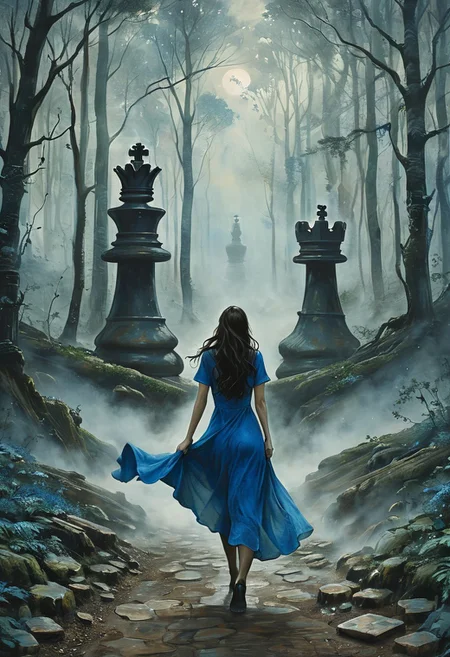 (water-colored), illustration, style of Jessica Galbreth,
(far view, far shot, rear view, facing away:1.3),
(Alice, woman walking, very long dark brown hair, hair rim lighting, hair in the wind, blue short dress with short sleeves, black tights, black shoes:1.5),
fog, dreamy, dream, landscape, cloudy, raining,
(trail in forest, giant chess pieces, ruins:2)