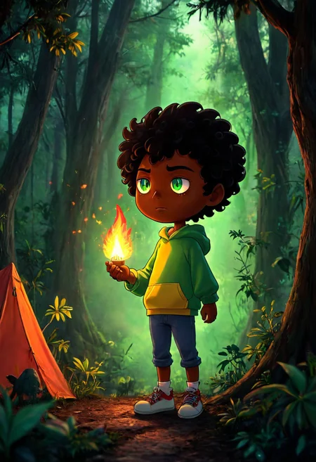 max (camp camp), dark fantasy theme, rainbow colored silhouette outline against a dark background,max (camp camp), 1boy, solo, human, male focus, curly black hair, curly tousled black hair, afro, dark skin, dark-skinned male, large eyes, round eyes, green eyes,small nose, triangular nose, pointed nose, beautiful forest horror, anime, magical fantasy, plasma pattern, dark lights
,epic, cinematic colors, masterpiece, detailmaximizer, midjourneyv6.1