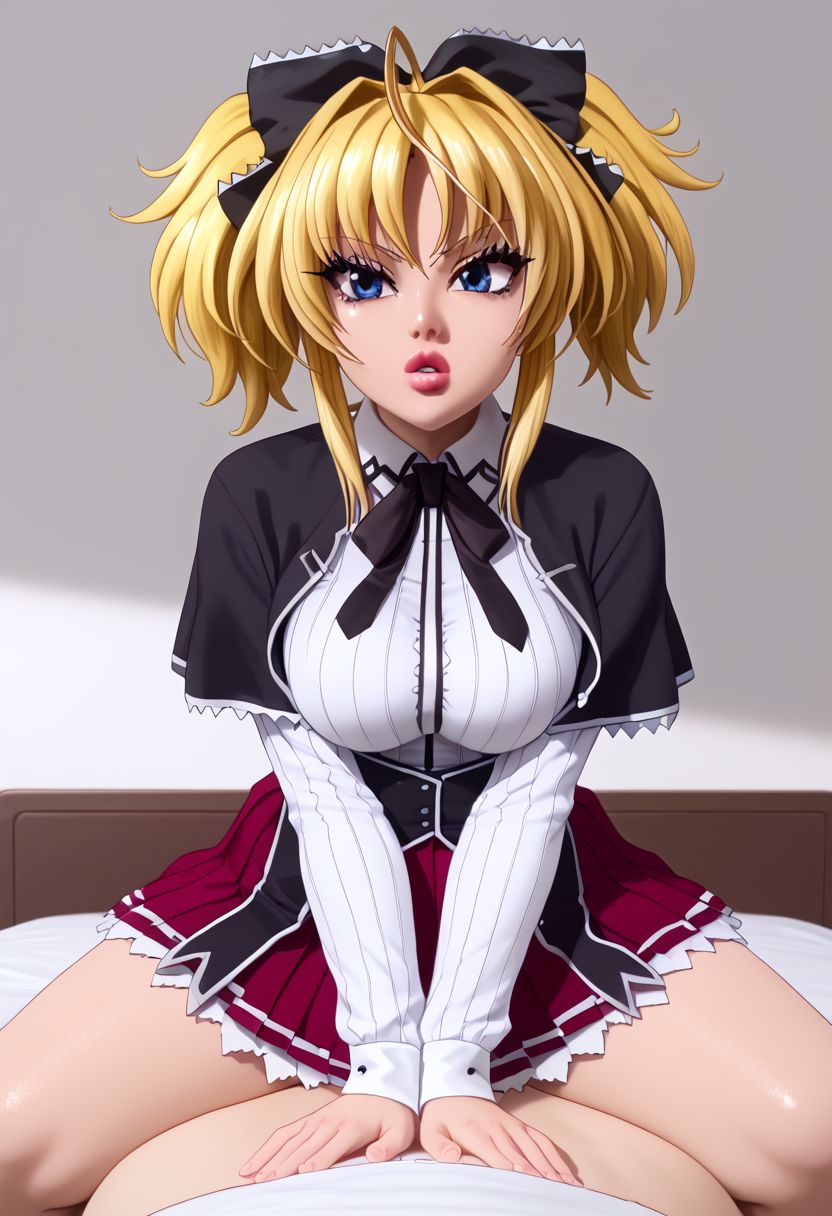 Masterpiece, best quality, high quality, highres, 4k, detailed face, detailed_eye_model, Expressiveh,  mittelt, blonde hair, blue eyes, narrowed eyes, messy hair, bangs, ahoge, short twintails, medium hair, sidelocks, fang, hair bow, gothic, medium breasts, ahoge, shortstack, parted lips, shiny lips, lipgloss, gyaru, bmbplora, long eyelashes, kuohacademy, school uniform, black capelet, white shirt, black ribbon, neck ribbon, long sleeves, corset, red skirt, pleated skirt