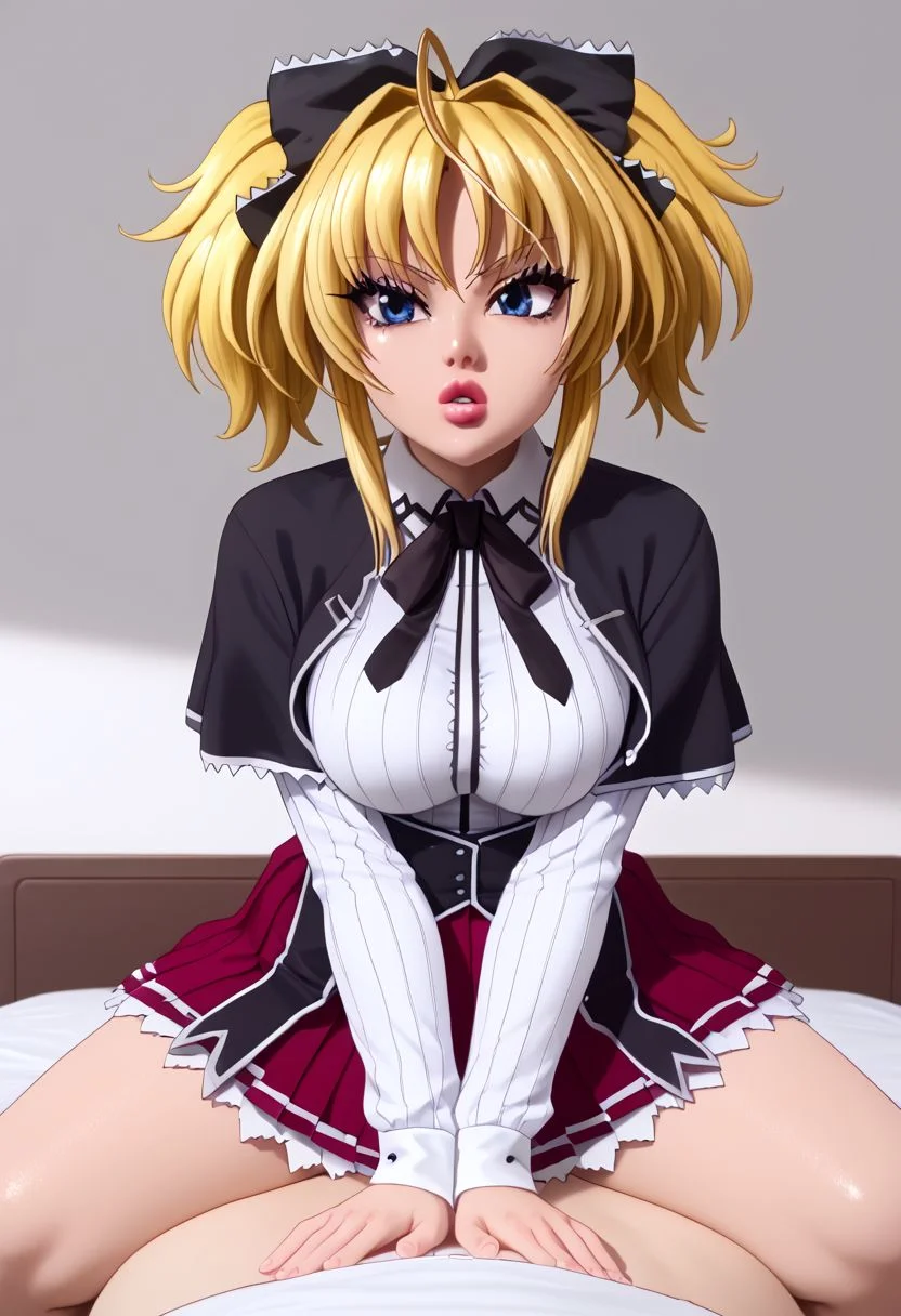 Masterpiece, best quality, high quality, highres, 4k, detailed face, detailed_eye_model, Expressiveh, mittelt, blonde hair, blue eyes, narrowed eyes, messy hair, bangs, ahoge, short twintails, medium hair, sidelocks, fang, hair bow, gothic, medium breasts, ahoge, shortstack, parted lips, shiny lips, lipgloss, gyaru, bmbplora, long eyelashes, kuohacademy, school uniform, black capelet, white shirt, black ribbon, neck ribbon, long sleeves, corset, red skirt, pleated skirt