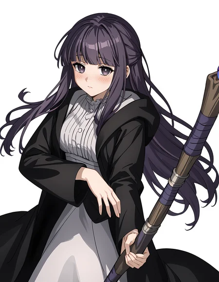 <lora:Frern:1>,f3rn, 1girl, simple background, long hair, white dress, holding staff, white background, looking at viewer, long sleeves, closed mouth, blush, black coat, black robe, frilled collar, mage staff, open clothes, frills, purple hair